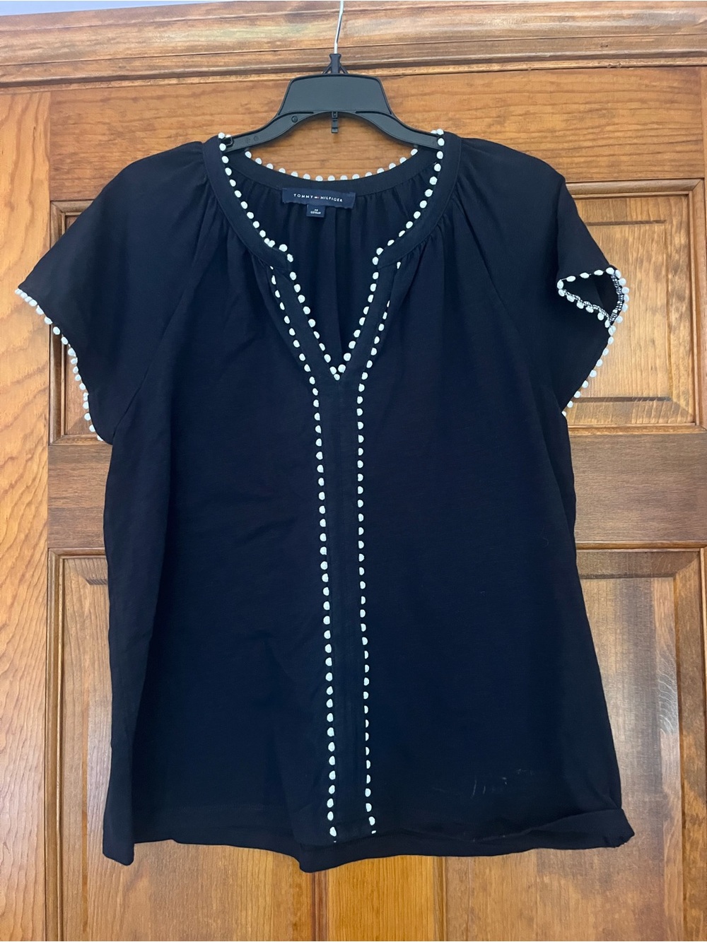 Tommy Hilfiger Black Short Sleeve Top with White Bead Trim